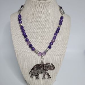 Purple Jade & Amethyst Beaded Silver Elephant Adjustable Reiki Handmade Necklace